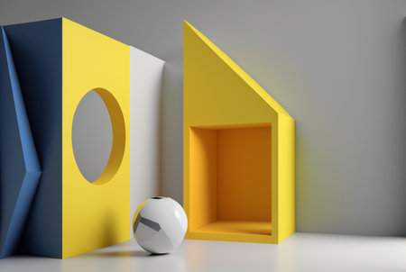 3d rendering of abstract geometric shapes in blue and yellow colors.の素材