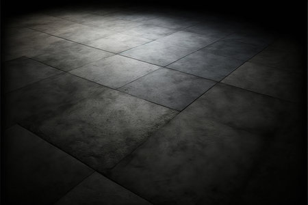 3d rendering of a dark room with floor tiles and a spotlightの素材