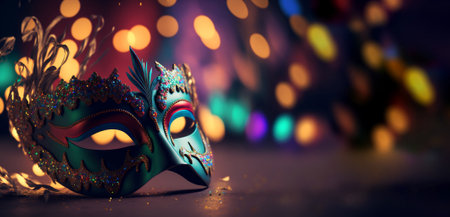 Venetian carnival mask with colorful bokeh background.の素材