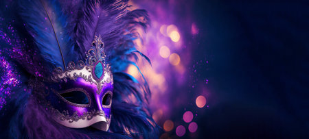 Beautiful Venetian carnival mask with feathers and bokeh lightsの素材