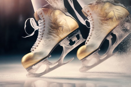 Figure skating. Close-up of ice skates on ice.の素材