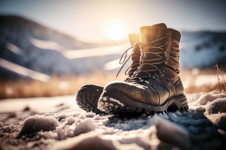 Hiking boots on the snow in the mountains. Winter hiking concept.の素材