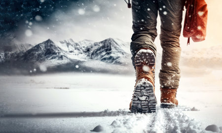 Close up of male legs walking in snow with mountains in the backgroundの素材