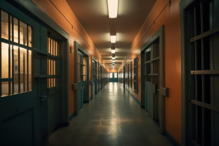 Interior of an old prison corridor with rows of bars and lightsの素材
