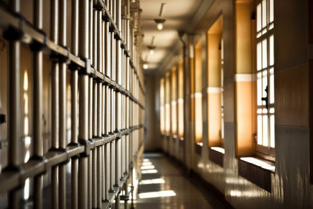 Row of prison bars in a row. Selective focus with shallow depth of field.の素材