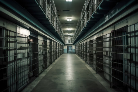 Interior of an old prison with rows of cells and bars.の素材