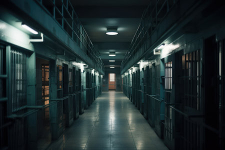 Interior of a prison corridor with light coming through the bars.の素材