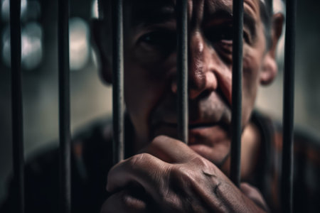 Homeless man in a cage in a dark room. Selective focus.の素材