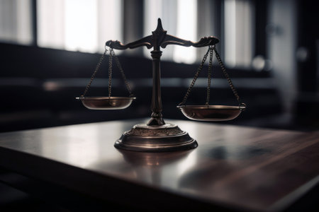 Law and justice concept. Scales of justice on wooden table.の素材