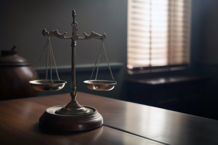 Scales of justice on wooden table. Law and justice concept.の素材
