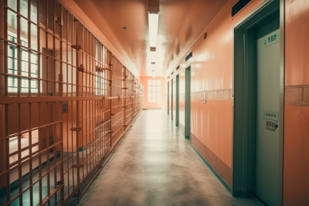 interior of an old prison with orange doors and iron bars.の素材