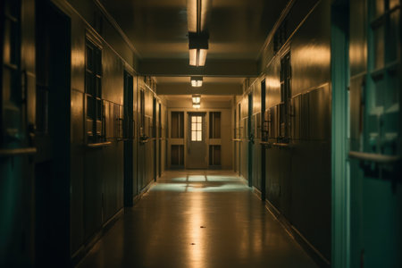 Interior of a prison corridor with rows of bars. Tonedの素材