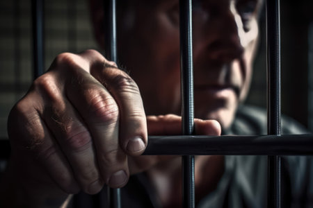 Prisoner in jail, detail of a prisoner in prison barsの素材