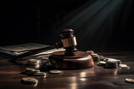 Law theme, mallet of judge, wooden gavel on a dark backgroundの素材