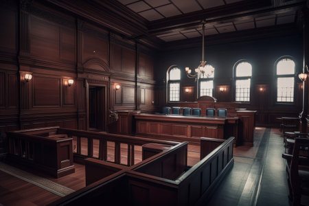 Interior view of a courtroom with brown walls and wooden floor.の素材