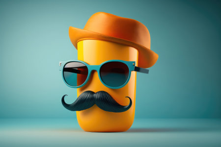 Funny yellow hat with mustache and sunglasses on blue background. 3D Renderingの素材