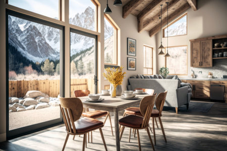 Interior of modern living room with wooden walls, panoramic window, furniture and mountain viewの素材