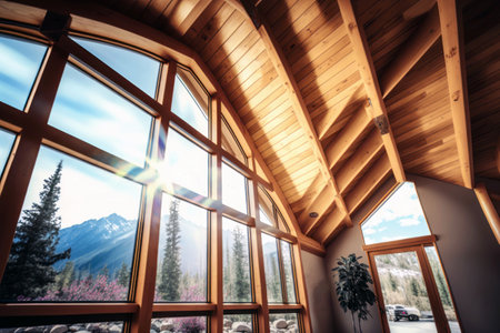 Interior of a modern house with a beautiful view of the mountainsの素材
