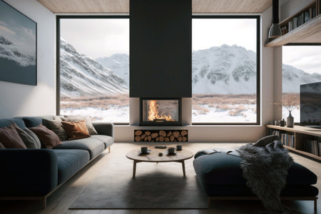 Interior of modern living room with fireplace and mountain view. 3d renderingの素材
