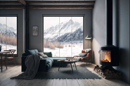 Interior of modern living room with fireplace and mountain view. 3D Renderingの素材