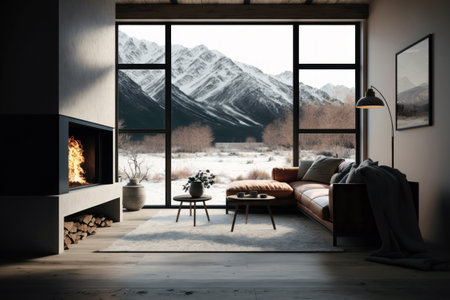 Modern bright interiors 3D rendering illustration  - Living room with fireplaceの素材