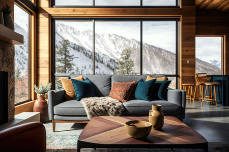 Interior of a modern living room with a large window overlooking the mountainsの素材