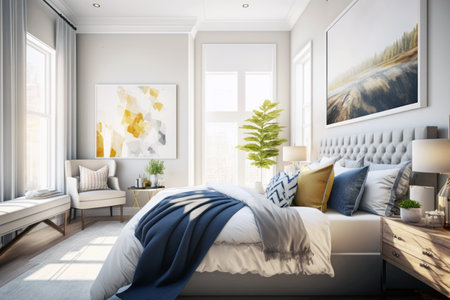 Interior of modern bedroom with white walls, wooden floor, comfortable king size bed with yellow and blue pillows and bedside tables. 3d renderingの素材