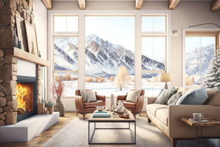 Interior of modern living room with fireplace, sofa and armchairs. 3d renderの素材
