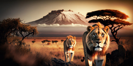Lion and wildebeest in the savannah of Africaの素材