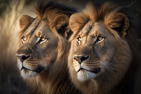 Lion couple in the savannah of the Okavango Delta, Botswana.の素材