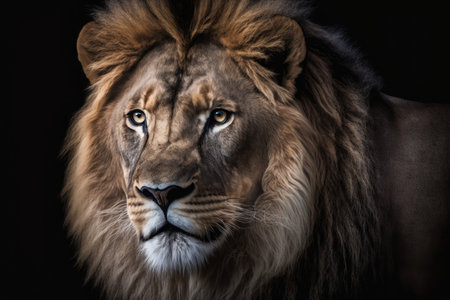 Portrait of a lion on a black background in the studio.の素材