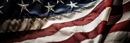 Closeup of American Flag Waving in the Wind. Horizontal Imageの素材