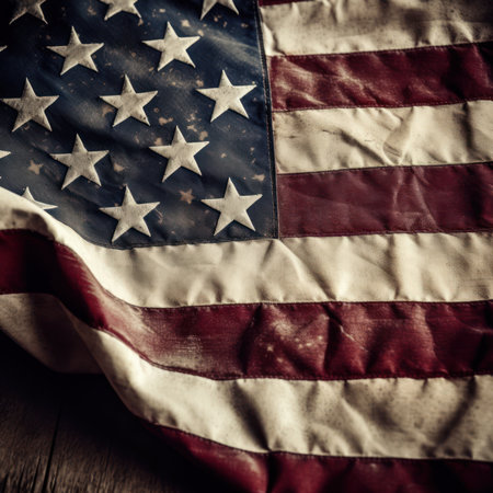 American flag on a wooden background. Vintage style toned picture.の素材