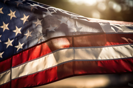 Closeup of American flag on blurred background. Symbol of United States of America.の素材