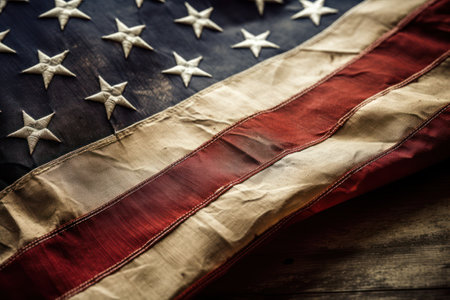 Closeup of American flag on wooden background. Selective focus.の素材