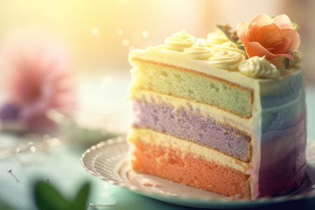 Rainbow cake on white plate with flower background, selective focus.の素材