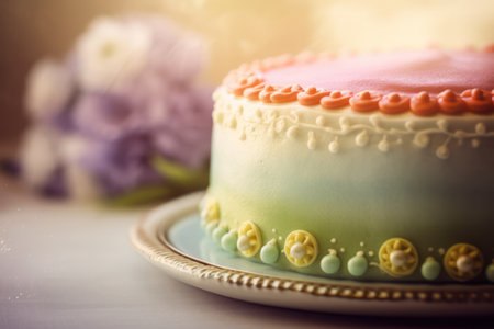 Cake with flowers on a light background. Selective focus.の素材