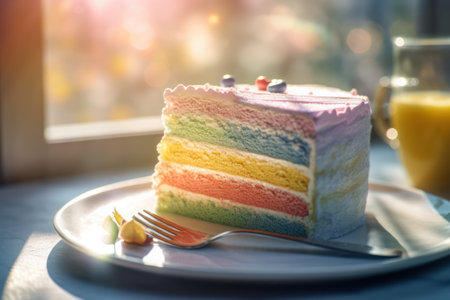 Rainbow cake on white plate with orange juice in morning light.の素材