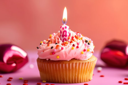 Birthday cupcake with candle on pink background, close up.の素材