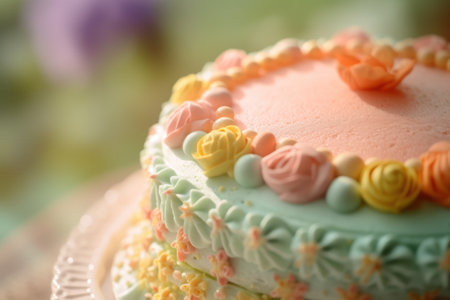Birthday cake with flowers on blurred background, closeup. Space for textの素材