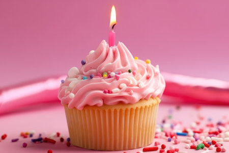Birthday cupcake with pink buttercream frosting and colorful sprinklesの素材
