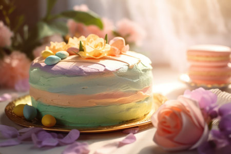 Easter cake with macaroon and flowers on a table.の素材