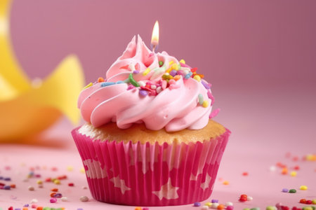 Cupcake with pink frosting and colorful sprinkles on pink backgroundの素材
