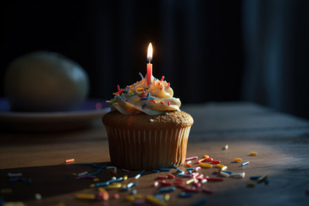 Birthday cupcake with candle on wooden table. Selective focusの素材