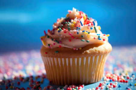 Cupcake with colorful sprinkles on blue background, closeupの素材