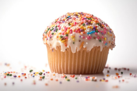 Cupcake with colorful sprinkles on a white background. Close up.の素材