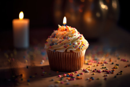 Birthday cupcake with burning candle on wooden table. Selective focusの素材