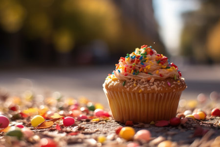 Delicious cupcake with colorful sprinkles on the ground and blurred backgroundの素材