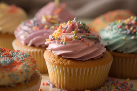 Delicious cupcakes with colorful sprinkles on table, closeupの素材