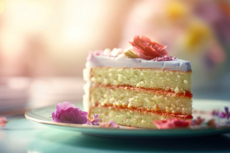 A piece of cake on a plate with flowers in the background.の素材